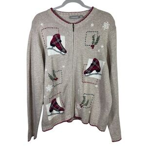 Vintage Croft & Barrow Beige Red Plaid Christmas Holiday Zip-Up Sweater Size XL
